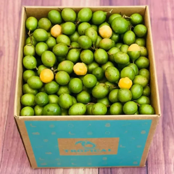 Fresh Spanish limes in a box, showcasing their vibrant green skins and juicy, translucent flesh